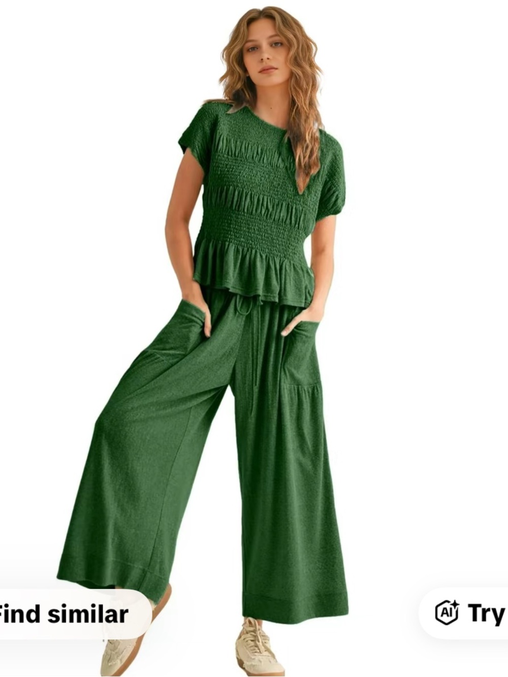 Women’s Green pants and top Set - Smocked Top & Wide Leg Pants
